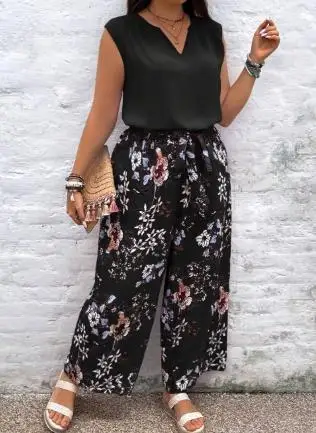 

Summer 2025 Large Size Women's Two-Piece Vest Floral Printed Pants Set Romantic Countryside Style Elegant Two-Piece Set