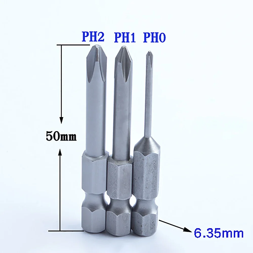 1pcs Phillips Screwdriver Bit PH00 PH0 PH1 PH2 Magnetic 1/4 in. Hex Shank S2 Steel 50/70mm Length Electric Batch Head Repair