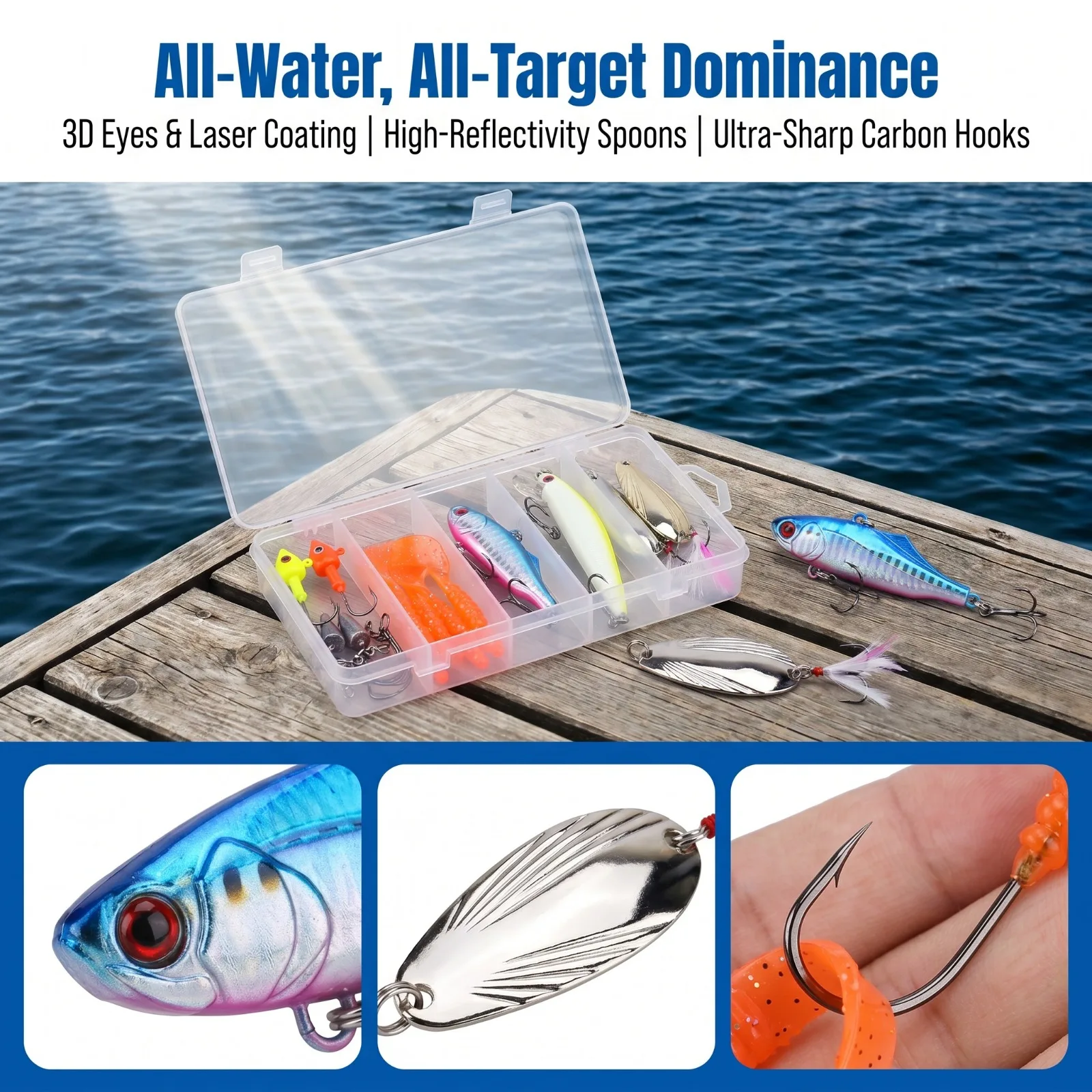 

Premium Fishing Tackle Kit Hard Lures Soft Baits Jig Hooks Swivels Spoon Minnow VIB for Freshwater Saltwater Fishing