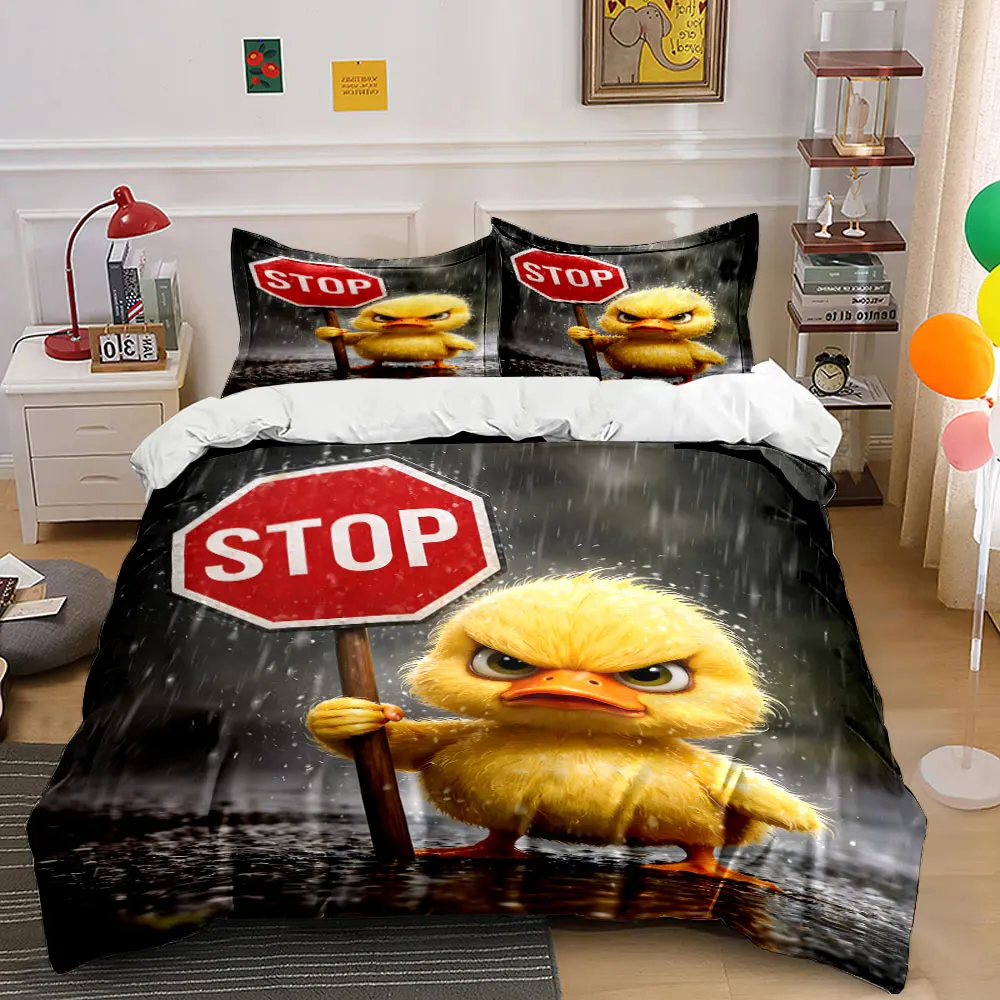 Angry Duck Holding Stop Sign Print Bedding Set 1 Duvet Cover 2 Pillowcases for Adult and Children Luxury Gift Full Size