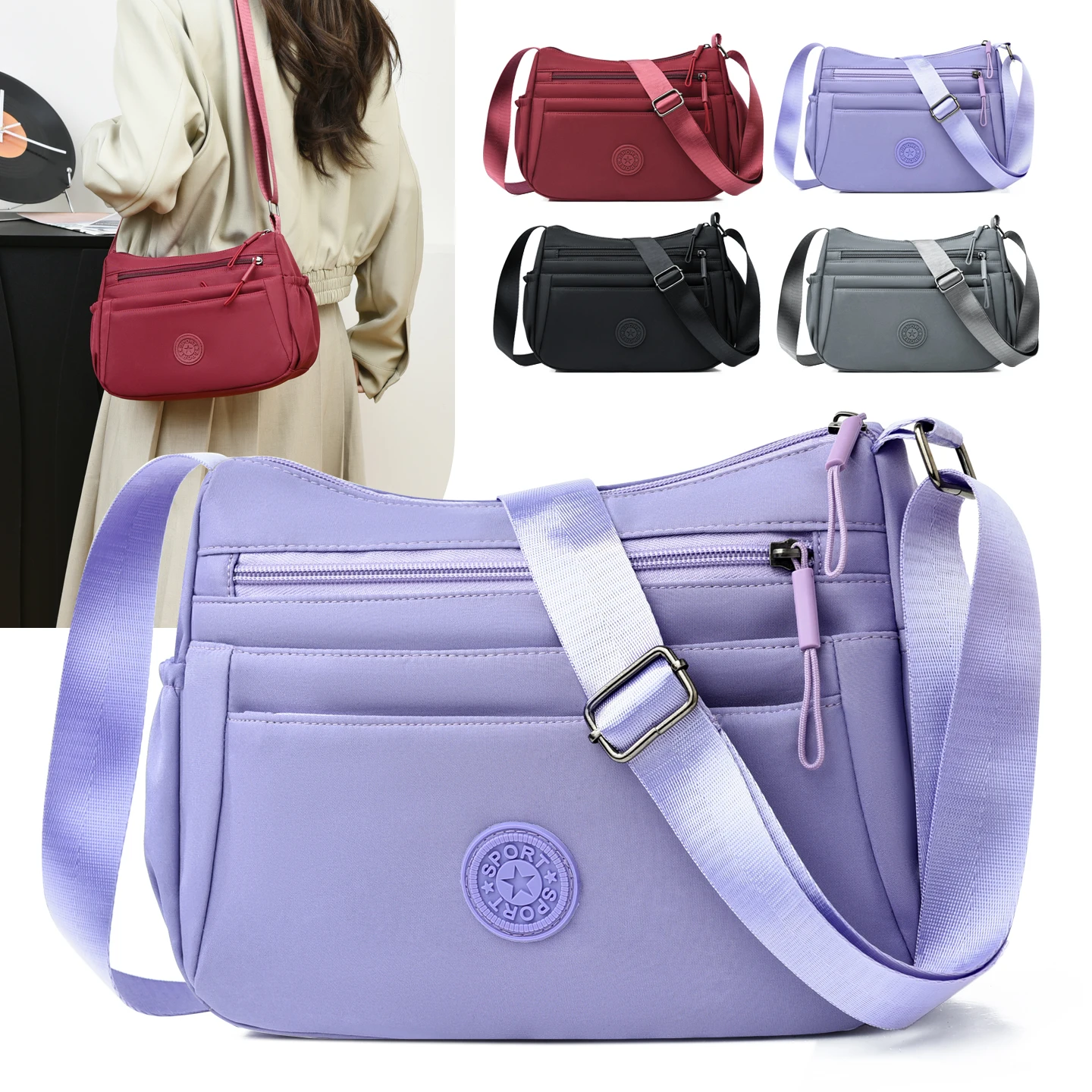 

Женская водонепроницаемая нейлоновая сумка через плечо — простая и легкая с множеством карманов для повседневных прогулок