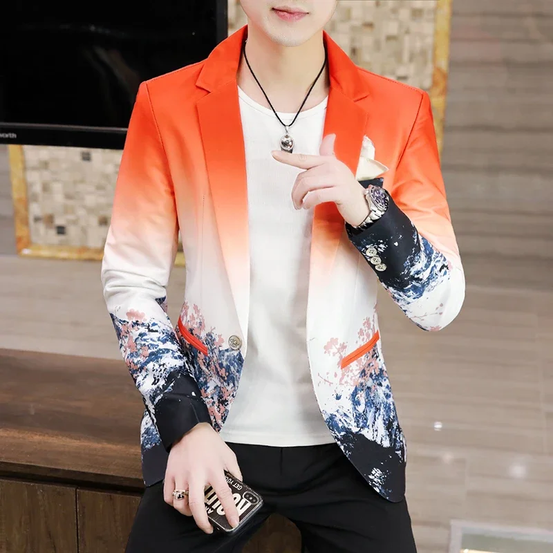 

Men's Slim Fit Blazer Autumn Fashion Print Handsome Korean Version Casual Single-breasted Banquet Boutique Style