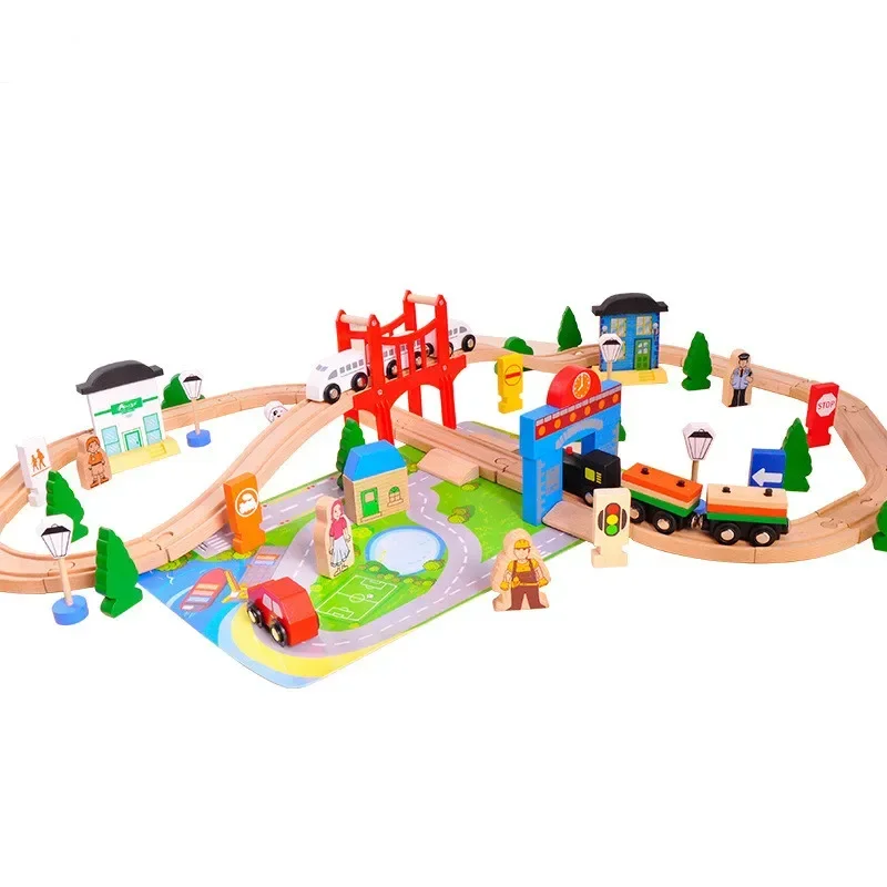 

[Funny] 80pcs/set Wooden DIY assembly simulation Rail train model cars building blocks education toys baby best birthday gift