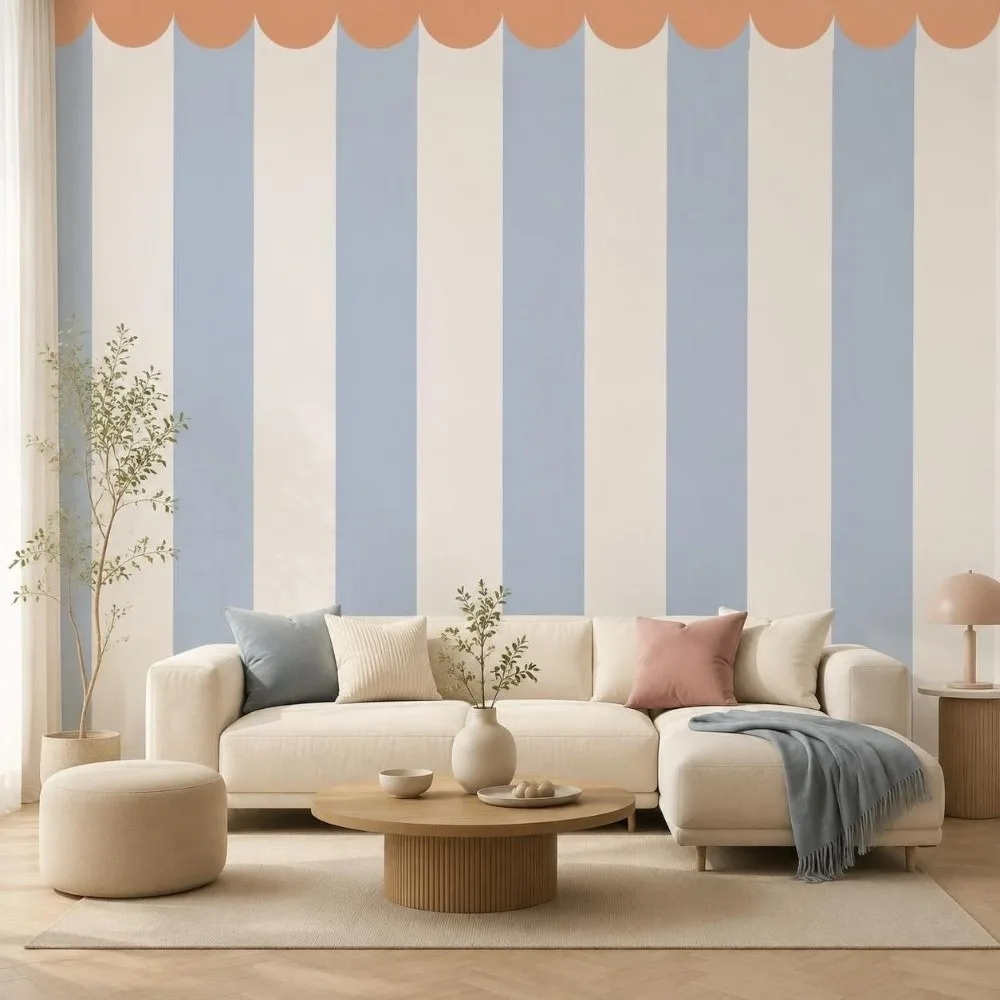 Self-Adhesive Half Wall Wallpaper Waterproof Striped Pattern Wall Decals Scalloped Border Wall Stickers Indoor Home Decor