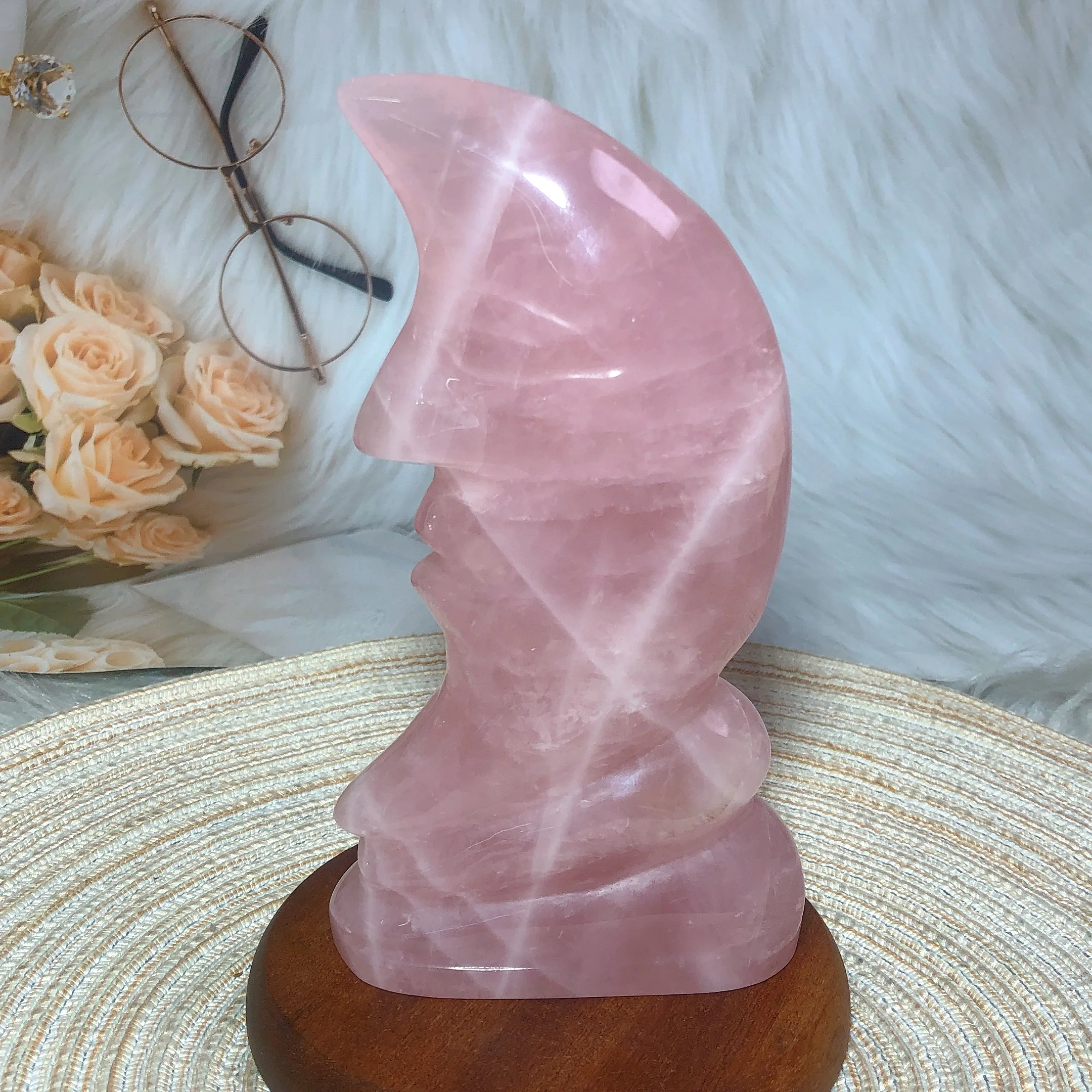 

Natural Crystals Big Rose Quartz Moon Face Carving Polished Ornament Healing Home Decoration Stone Room Decor Mineral Gift