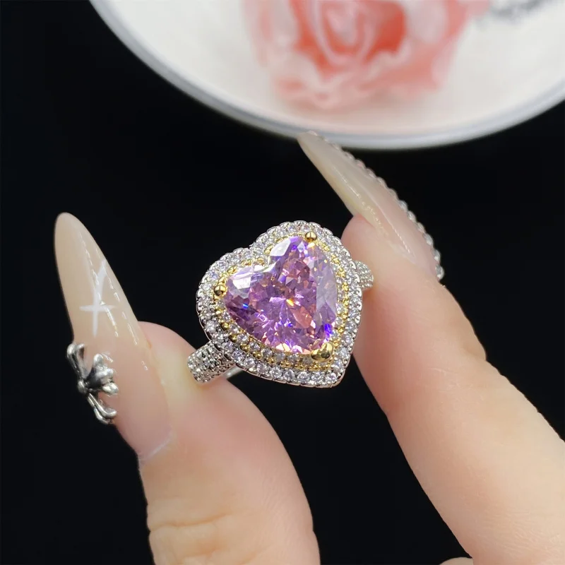 

Starry Sky Heart-Shaped Pink Zircon Three-Piece Full Diamond Open Ring for Women Elegant Pendant Earrings Set