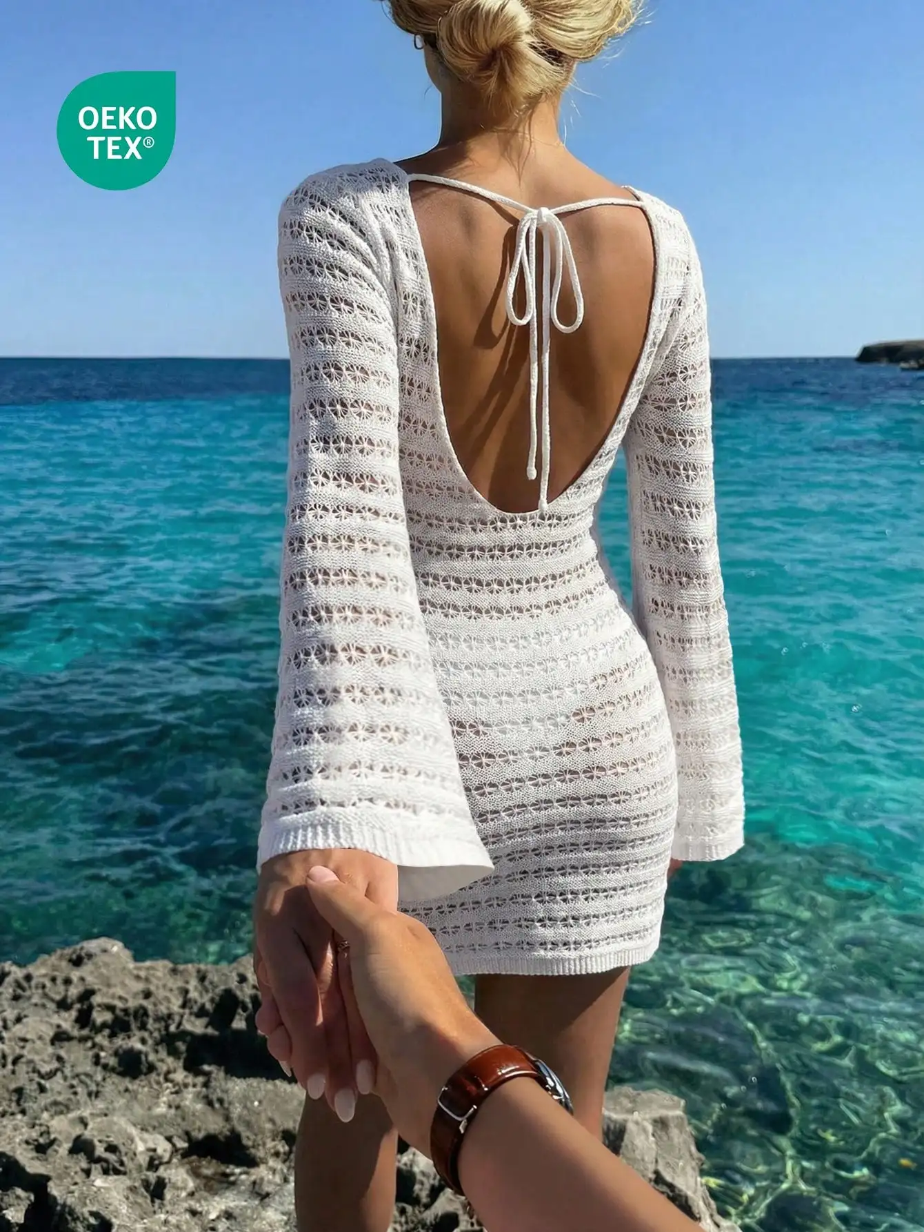 

Женское однотонное богемное легкое мини-платье с открытой спиной, вырезами и прозрачными длинными рукавами