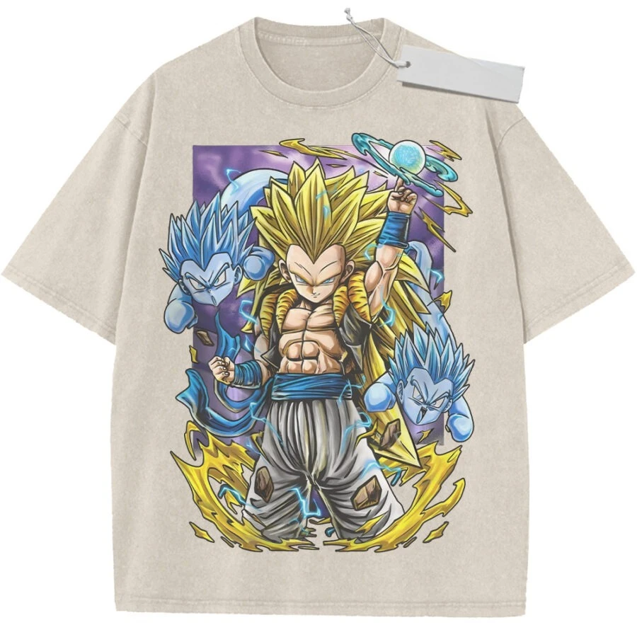 Vintage Washed Black T-Shirt mit Dragon Ball Anime Goku Ultra Instinct Omen Silberhaar-Print – Oversized Streetwear für den Alltag und Campus
