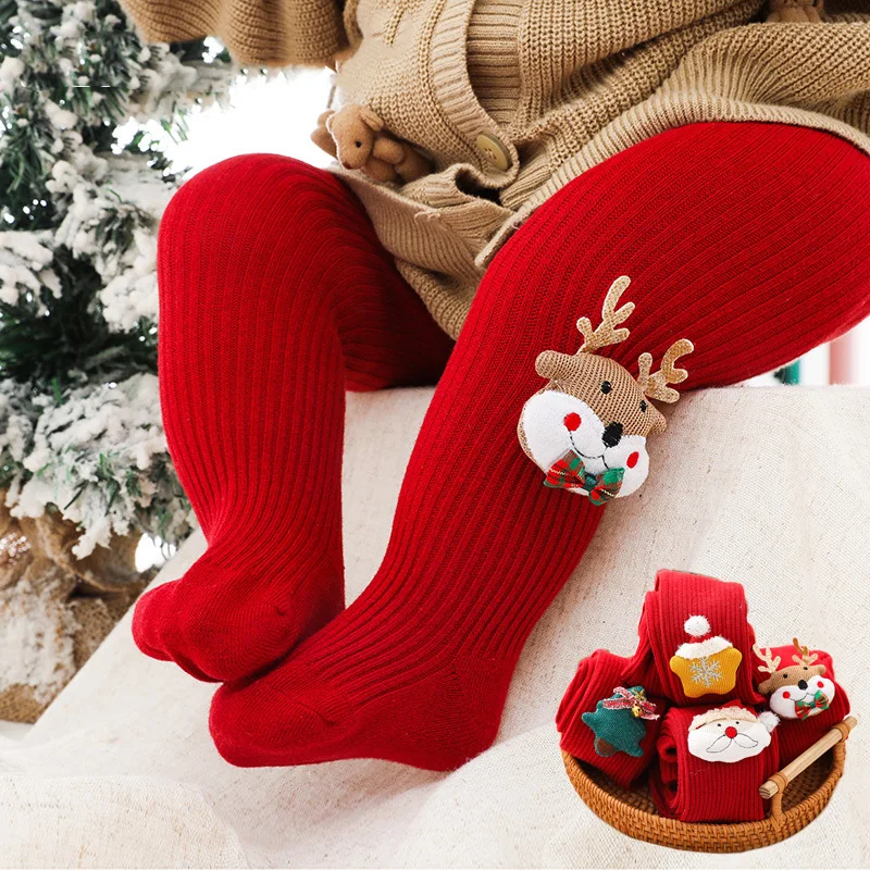 0-6Yrs Children Cartoon Christmas Tights Soft Cotton Baby Girls Red Pantyhose Leggings Kids Infant  New Year Gifts Tights