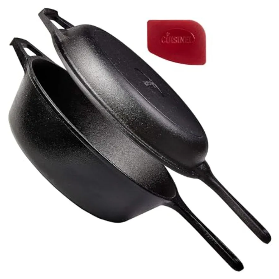 

Cast Iron Skillet + Lid - 2-In-1 Multi Cooker - Deep Pot + Frying Pan - 3-Qt Dutch Oven - Pre-Seasoned Oven Cookware - Works fo
