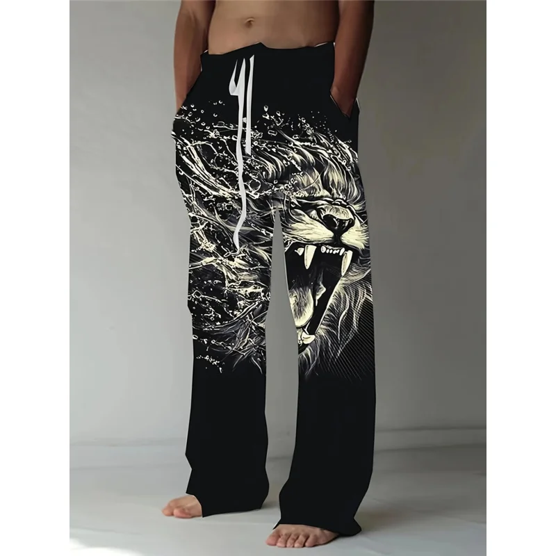 Celana Panjang Pria, Celana Kasual Gambar Singa Mengaum 3D, Celana Luar Ruangan Ringan Cepat Kering dengan Pinggang Serut Elastis untuk Perjalanan