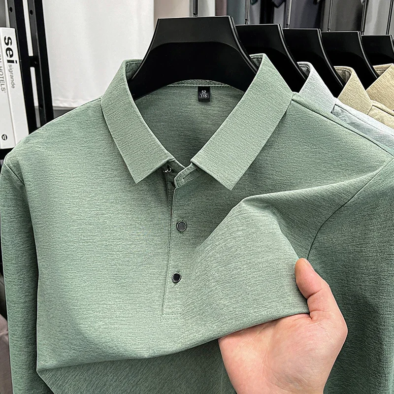 Men Solid Color Long Sleeve Polo Shirt Lapel Collar Three Buttons Soft Breathable Casual Business Daily Male Tops