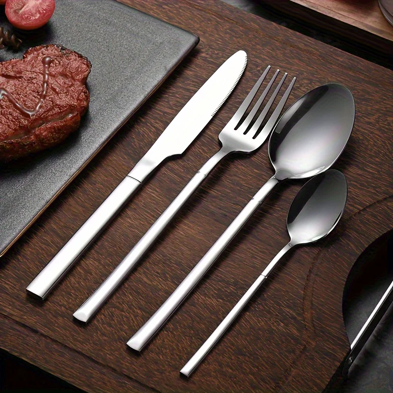 

16-Piece Luxurious Stainless Steel Cutlery Set - Durable Mirror Polished Steak Knives, Forks, and Spoons with Ergonomic Handles