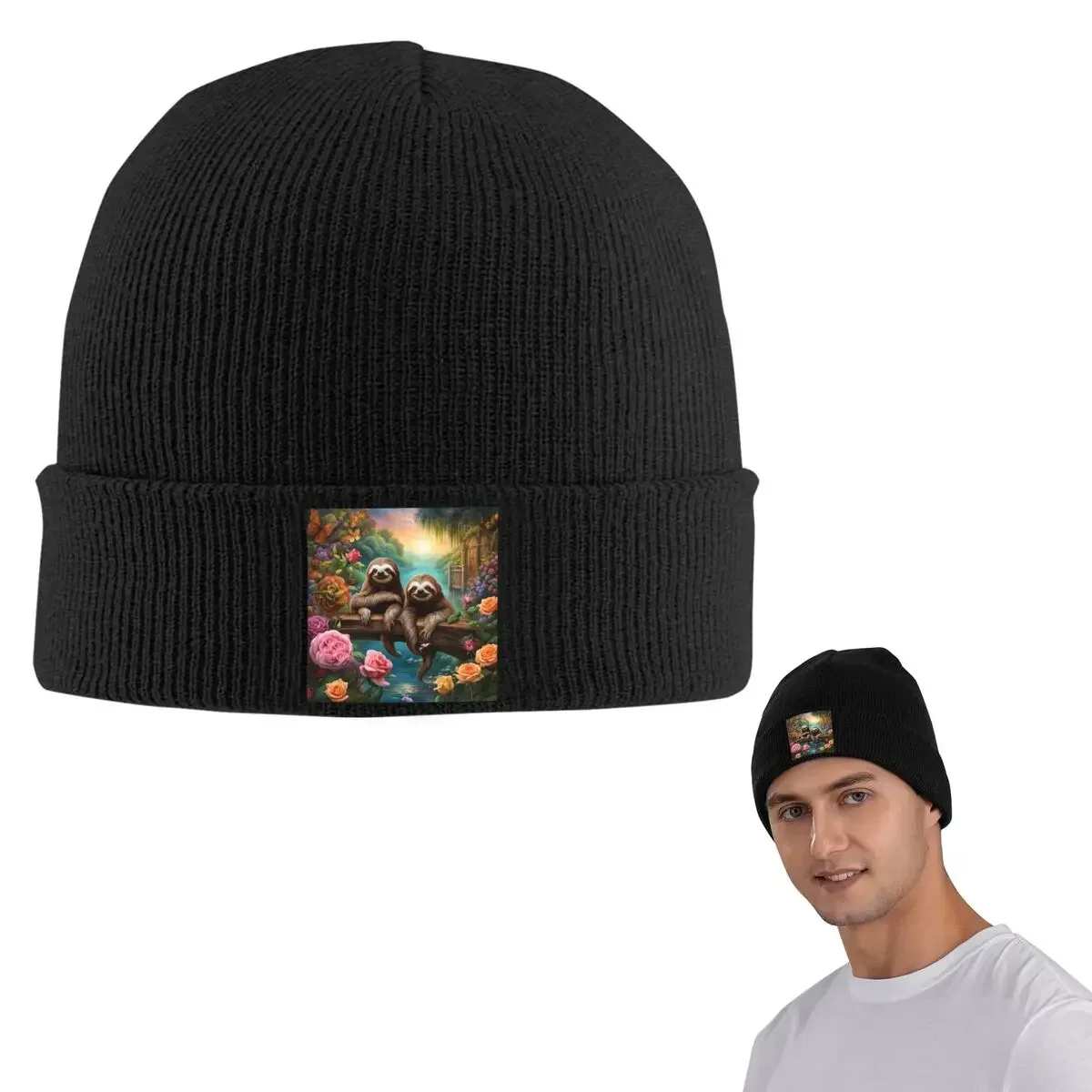 Lovely Sloth Print Warm Knitted Cap Hip Hop Bonnet Hat Autumn Winter Outdoor Beanies Hats For Men Women Adult