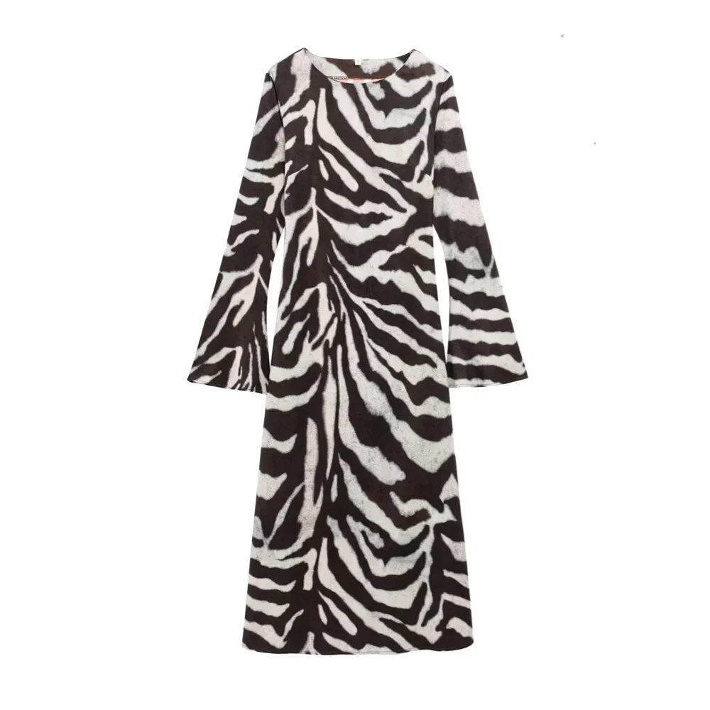 

LIBIELIY Women's Boat Collar Flared Sleeve Zebra Print Slightly Flared Long Dress For Spring And Summer New Women's Dress