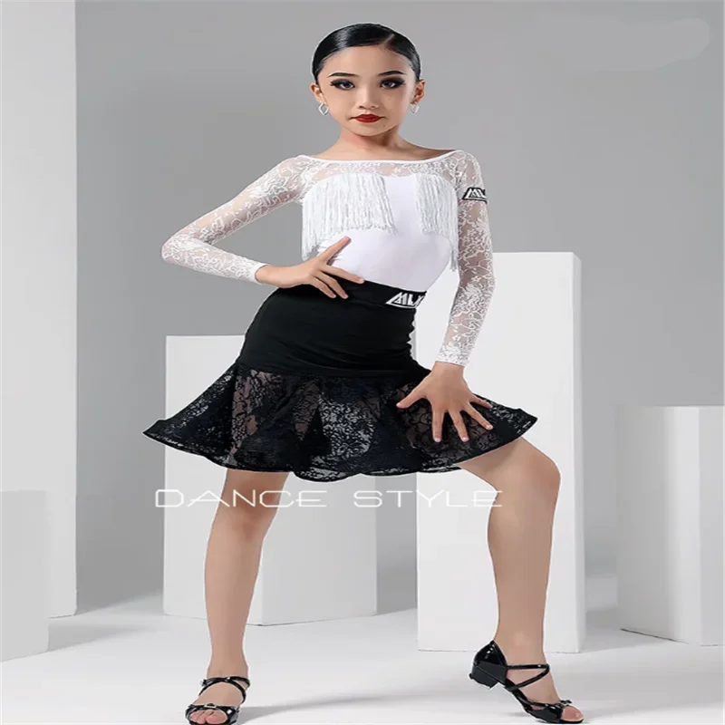 Lace Patchwork Kids Latin Dance Dress Tops Skirt Perfectional Girls Latin Stage Peformance Dancewear Dancing Costumes