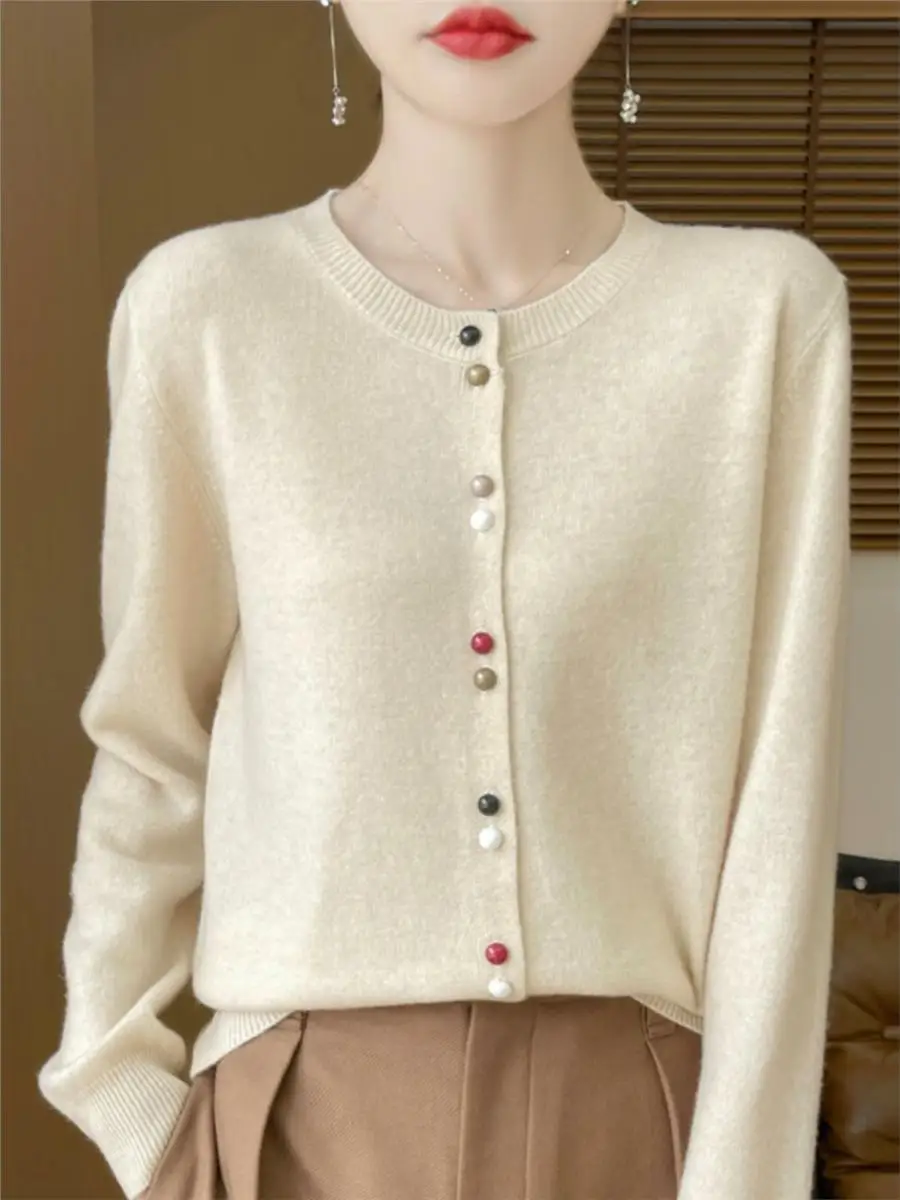 

Korean Sle Soft Wool Knitted Cardigan Women's Spring Autumn Sweater Outerwear Loose round Ne Top Commute Sle Long Sve