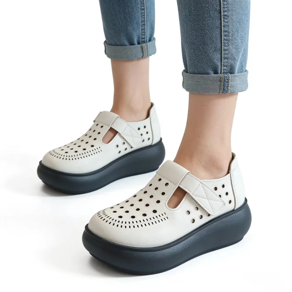 

Летние женские туфли Мэри Джейн на платформе 2026 года, с вырезами, дышащие, повседневные, белые, увеличивающие рост на 5 см, мягкие и удобные, DX971