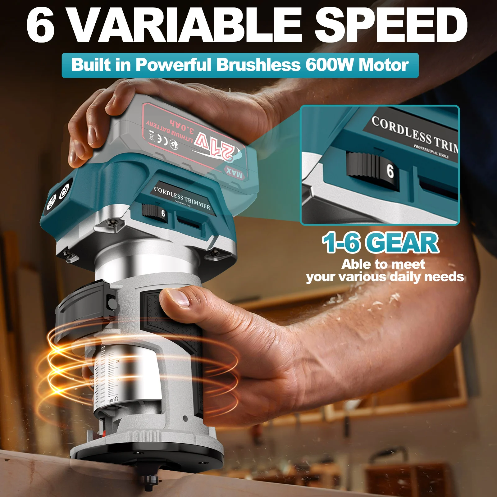 6 Speeds Brushless Electric Hand Trimmer Cordless Wood Router Woodworking Engraving Slotting Power Tools for Makita 18V Battery