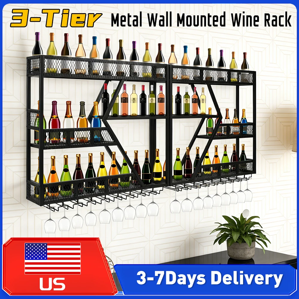 

3-Tier Wall Mounted Wine Storage Organizer Metal Wine Bottle Display Holder with Glass Holder Anti-Drop Crossbar for Dining Room