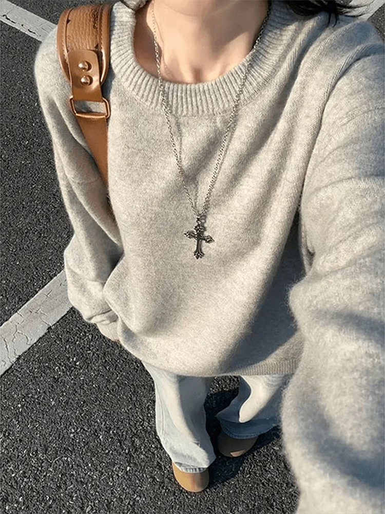 

Light ey American Sle Knitted Sweater Men's Autumn Winter Layering Lazy Sle Base irt Top Medium Softn Loose Fit