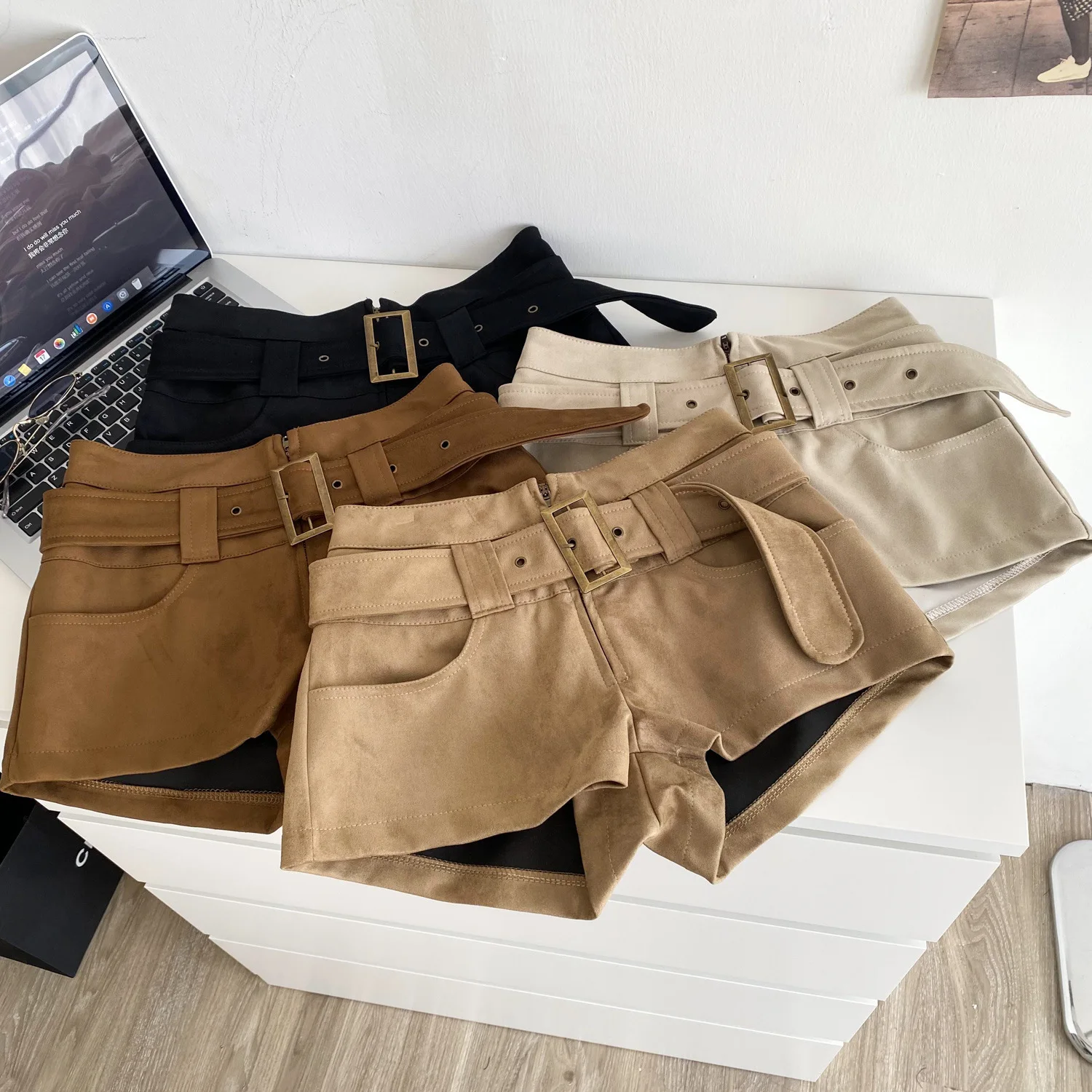 

2026 New Suede High Waist Belt Shorts Women A line Cargo Casual Hot Pants Autumn Winter Slim All Match Streetwear Short Bottoms