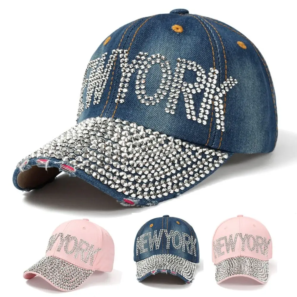 

Vintage NEW YORK Rhinestones Baseball Caps Adjustable Luxury Spring/Summer Baseball Hats Cotton Shiny Sun Cap For Women Girls