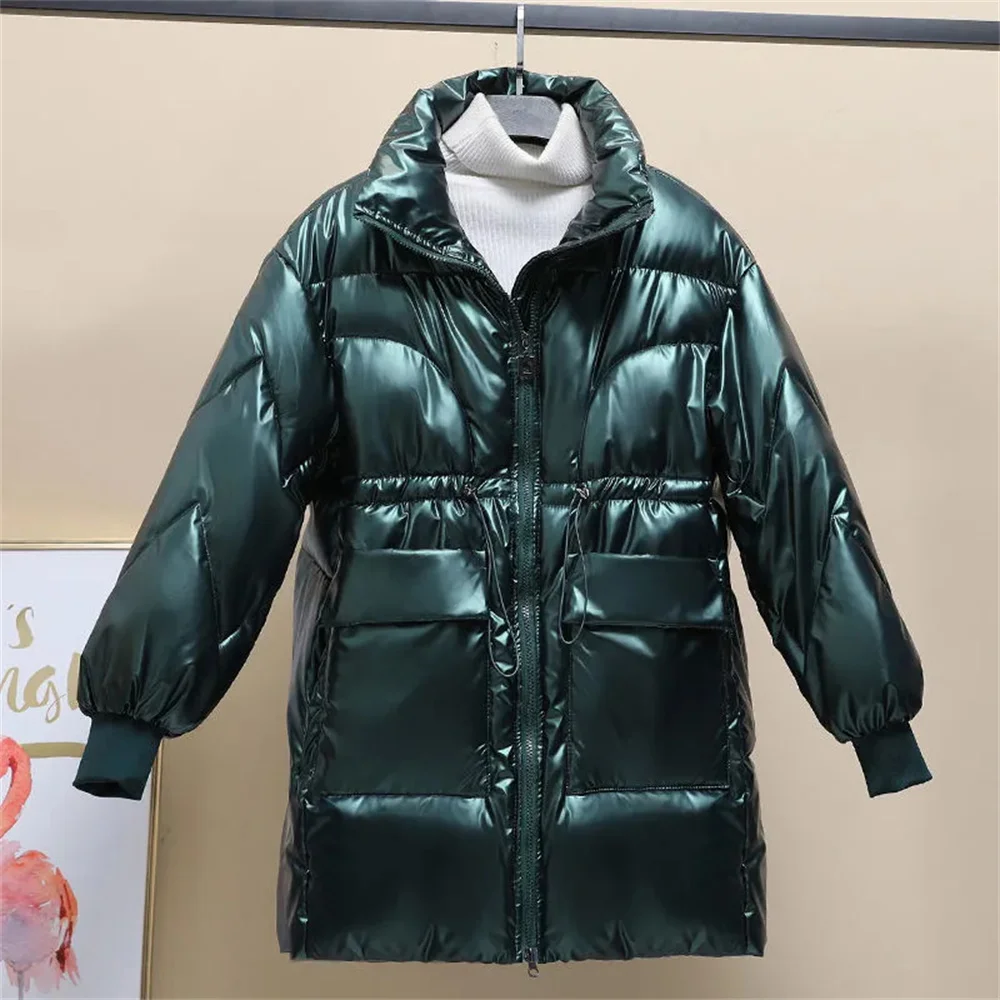 Women No Wash Down Cotton Jacket Medium To Long Korean New Warm cardigan Cotton Jacket Female Winter Shiny Loose Cotton Jacket