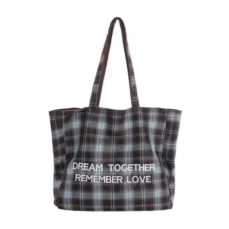New college-style plaid tote bag for women, large capacity, with letter print, double-sided design, casual shoulder bag, and han