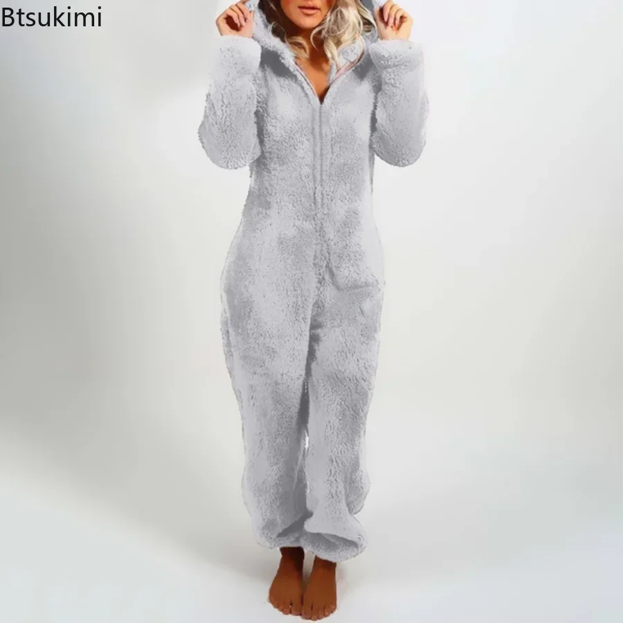 New 2025 Autumn Winter Jumpsuit One-Piece Pajamas For Women Hooded Sleepwear Coral Fleece Warm Cute Long Homewear Female Sets