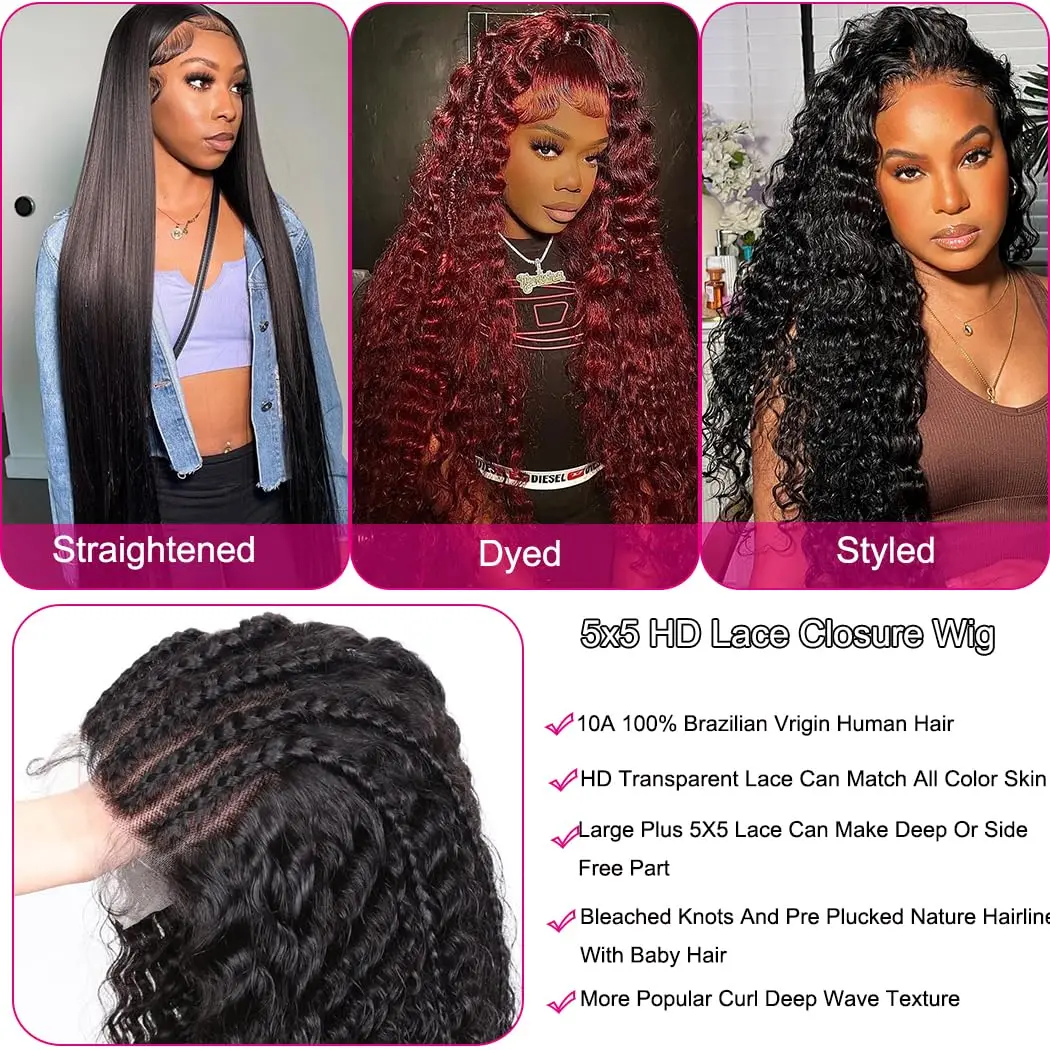 Perruque Lace Front Wig Deep Wave brésilienne naturelle, cheveux bouclés, 5x5, pre-plucked, pour femmes africaines