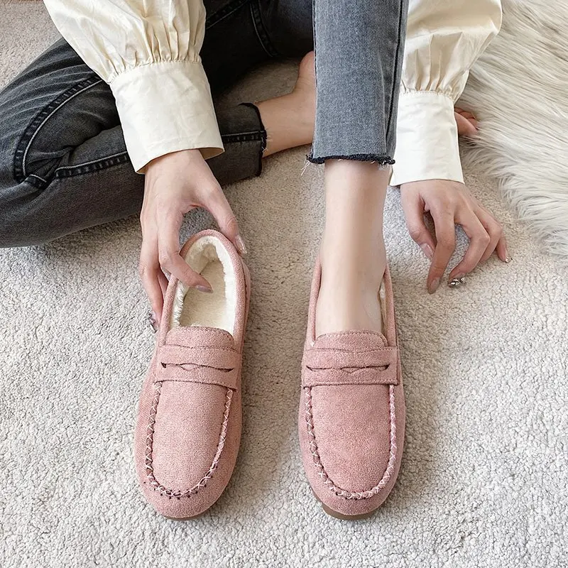 Soft Shoes Woman Flats Autumn Loafers With Fur Shallow Mouth Casual Female Sneakers Round Toe Slip-on Dress Big Size Fall Moccas