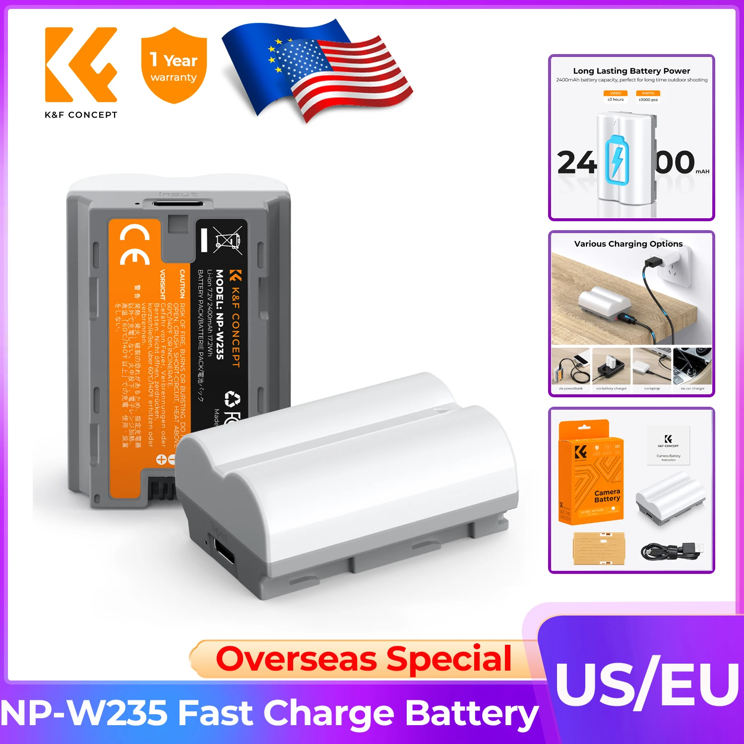 K&F CONCEPT 2400mAh NP-W235 Battery Fast Charging Camera Battery for Fujifilm X-T5 X-S20 X-H2 Camera Camcorder Battery Chargers