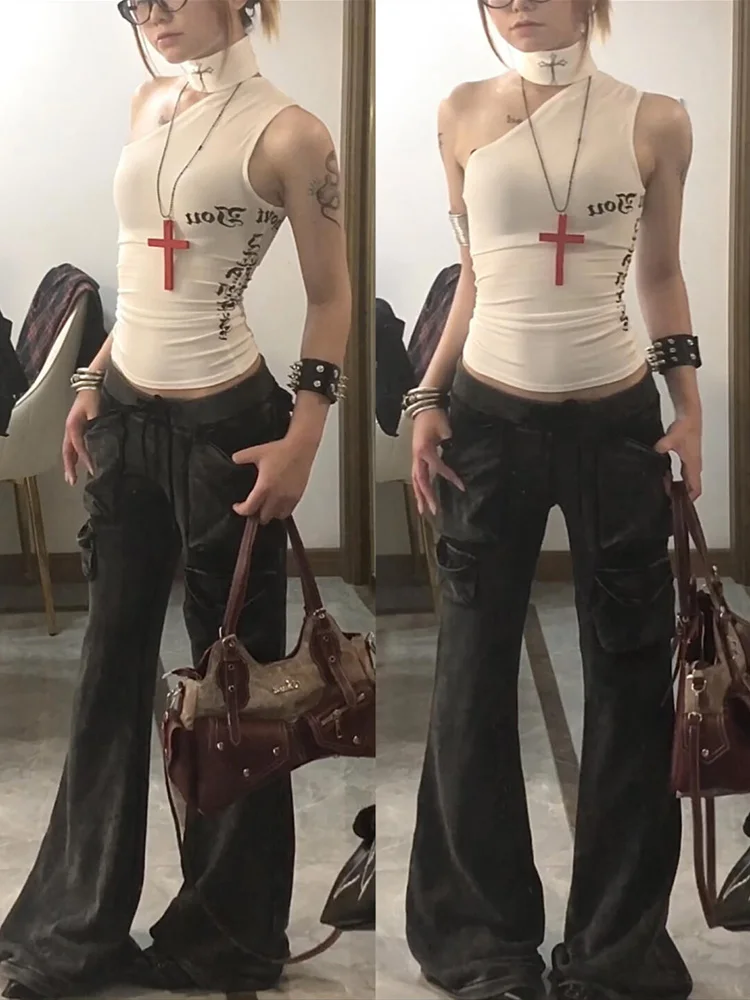 Street Sle American High Street Crossbody Vest Women Summer New Slim Fit Sexy oulder Bared Svel Strap Top