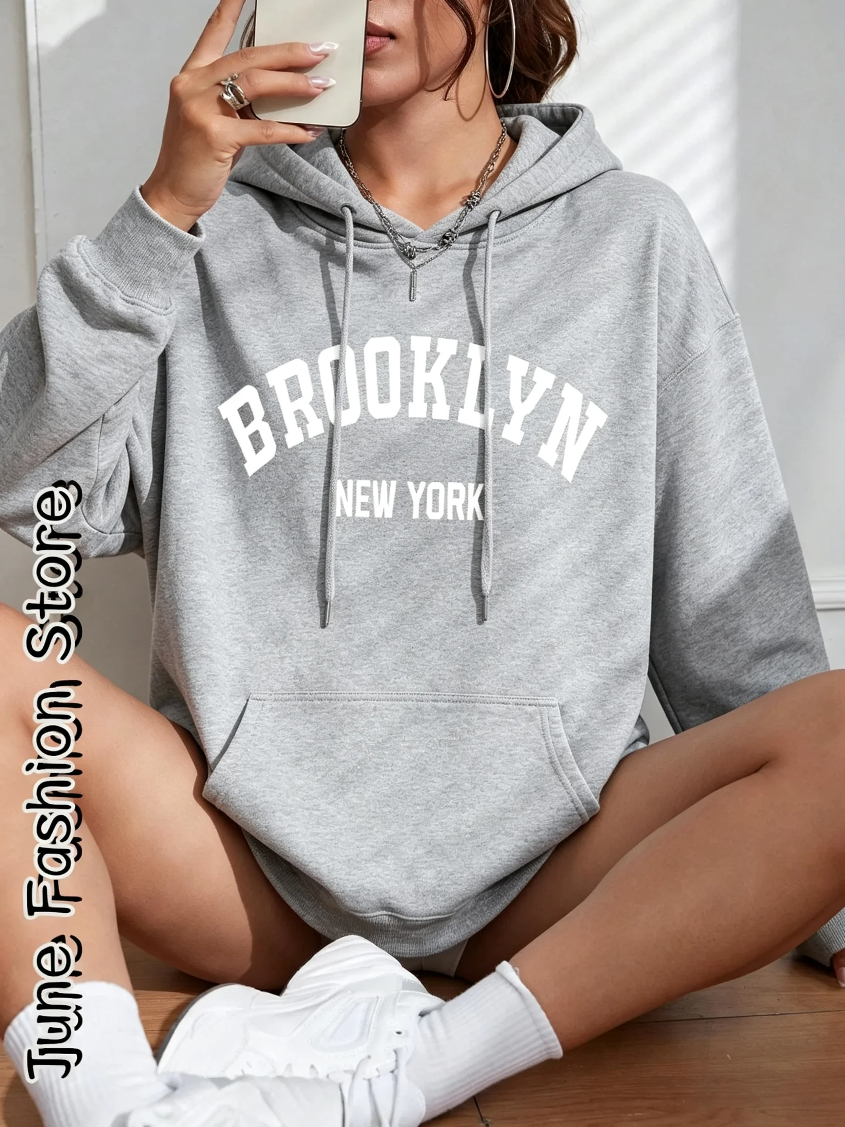 Damen-Kapuzenpullover – Lässige Streetwear-Mode mit Buchstabenmuster, Brooklyn New York – Vintage-Stil, Frühlings- und Herbstkollektion. – Detail 10