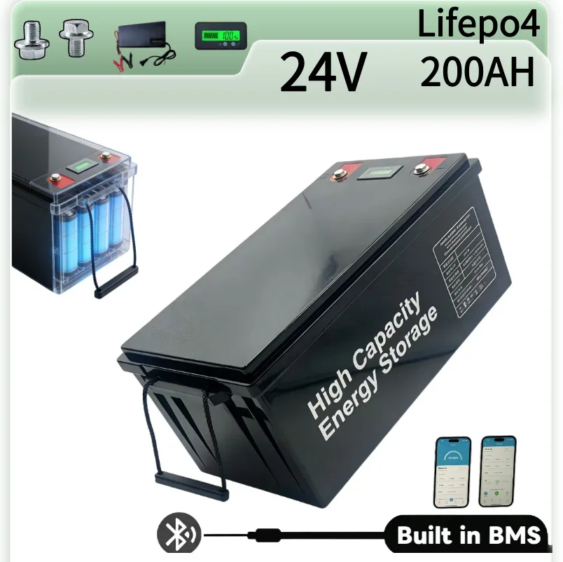 24V 200Ah LiFePO4 Deep Cycle Battery, 10000 Cycles 5120W High Power Output, Self-Discharge Low Lithium Iron Phosphate Battery Su