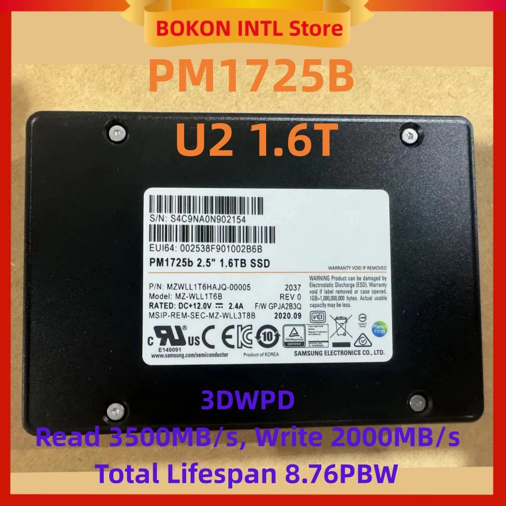 PM1725B 1.6T U2 Nvme Pcie3.0 Solid State Drive Mzwll1T6Hajq-00005 Server Enterprise Grade 15mm Thickness 3DWPD For Samsung