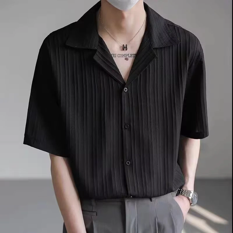 Summer New Fashion American Men's Solid Color Half Sleeve Turn-down Collar Single-breasted Striped Loose Shirts Male Coat Tops