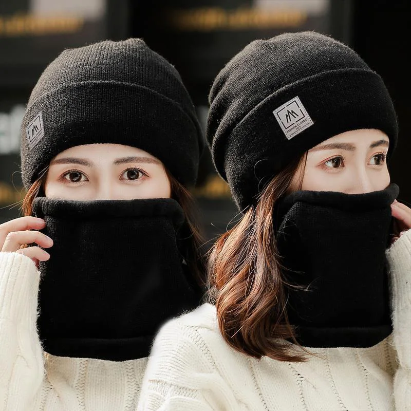 2Pcs/set Knitted Hat Scarf Women Winter Warm Solid Beanies Scarves Sets Outdoor Cycling Ear Protection Windproof Woolen Bonnet