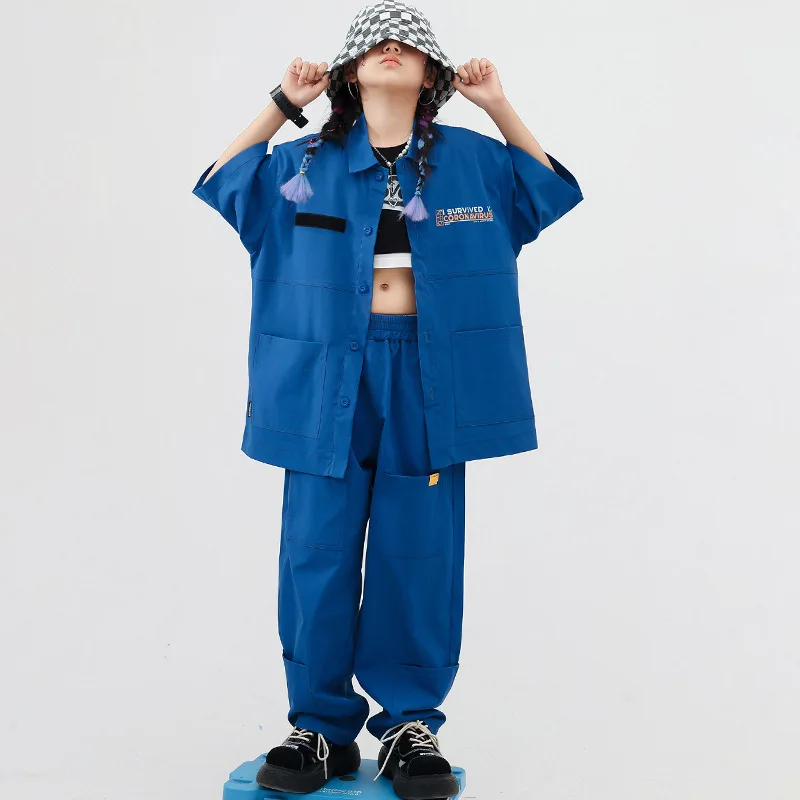 Dança Baggy de Rapazes e Raparigas, Roupa de Hip Hop Infantil, Exposição Adolescente, Camisa Azul, Calças Jazz, Roupa de rua, 6, 8, 10, 12 Anos