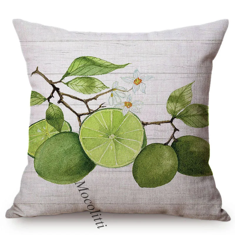 Green Lemons Fruit Pattern Cushion Cover Sofa Pillowcase Citrus Farm Water Color Art Decoration Square Throw Pillow Case cojines
