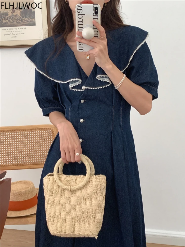 Chic Korea Loose Lazy Outerwear Vestidos Hot Sales Women Fashion Single Breasted Button Long Denim Jeans Blue Shirt Dress 5128