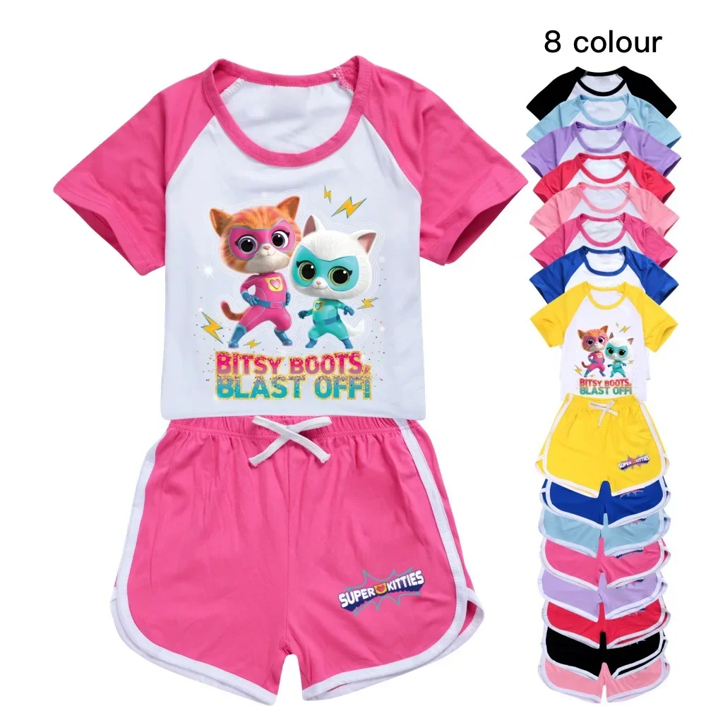 

Kawaii Superkitties Clothes Kids Super Cats T-shirt Baby Girls Summer Short Sleeve Tops Shorts 2pcs Sets Boys Casual Sportsuits