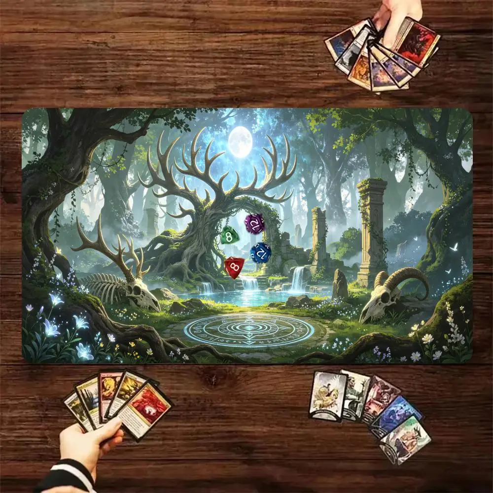Mystic Moonlit Enchanted Forest Magic Circle TCG Play mat Volcano Scene Trading Card Game Desk Mat Non‑Slip Rubber Mouse Pad