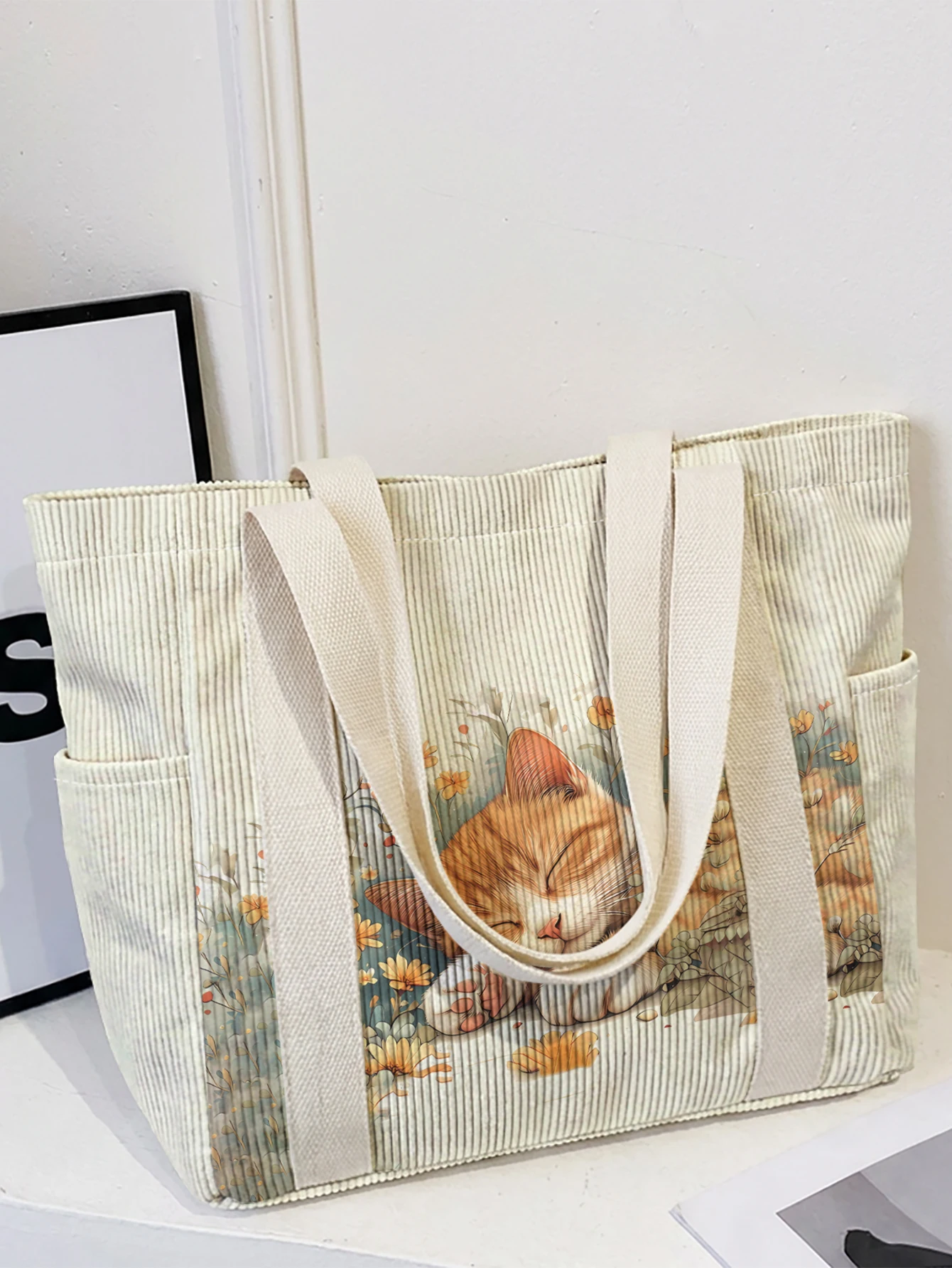 Sleeping Orange Cat Floral Print Corduroy Tote Bag, Large Capacity Multi Pocket Shoulder Bag for School Shopping Daily Use