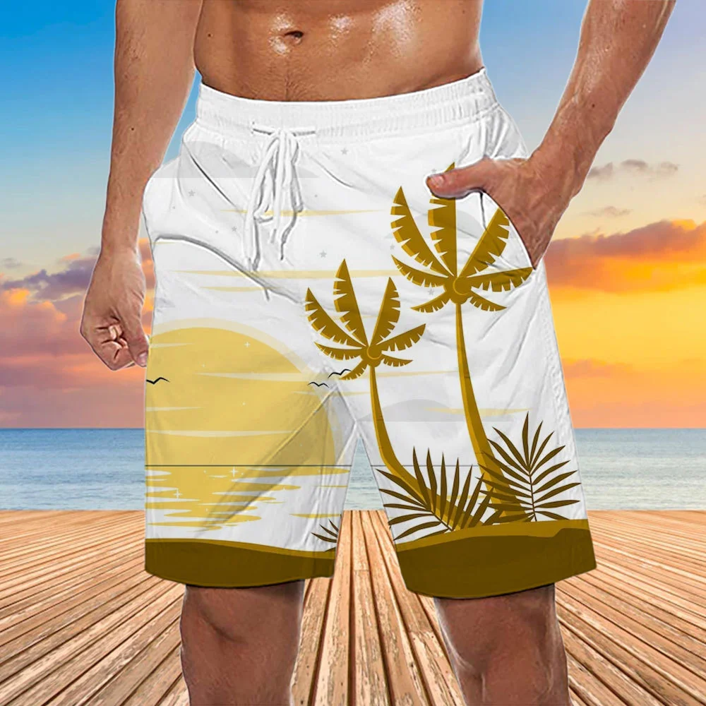 

Night Green Palm Print Swim Trunks Men Elastic Waist Drawstring Beach Shorts