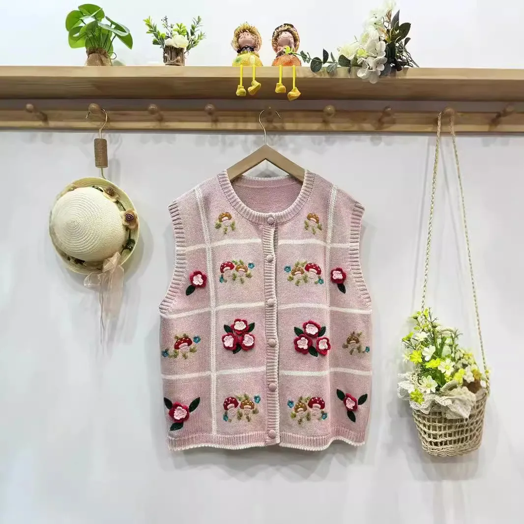 Mori Kei Hand-made Flowers Mushroom Embroidery Sweater Vest Women Autumn O-Neck Sleeveless Single Breasted Knitted Vest Cardigan