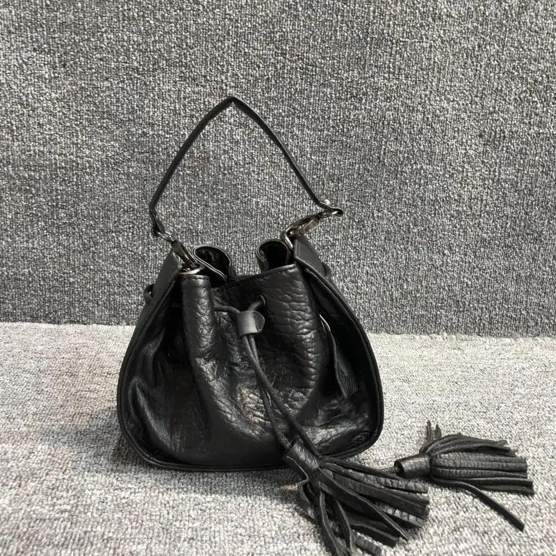 

Vintage Women's Handbag Lychee Drawstring Tassel Top Leather Bag Female Luxury Brand Designer Handbag Fashion Women's Bucket Bag