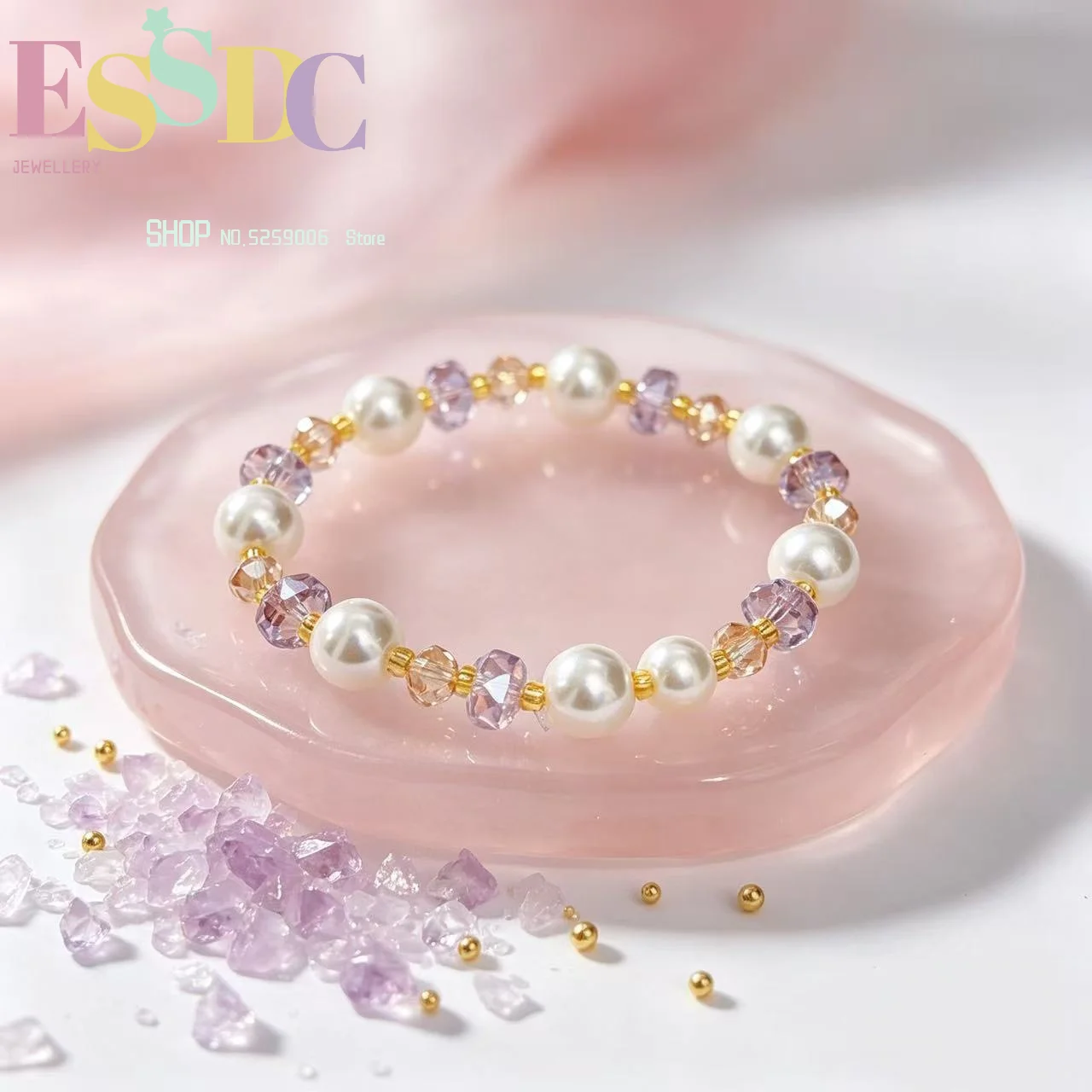 Pearl crystal beaded bracelet for women light luxury niche temperament elastic adjustable and stackable style exquisite