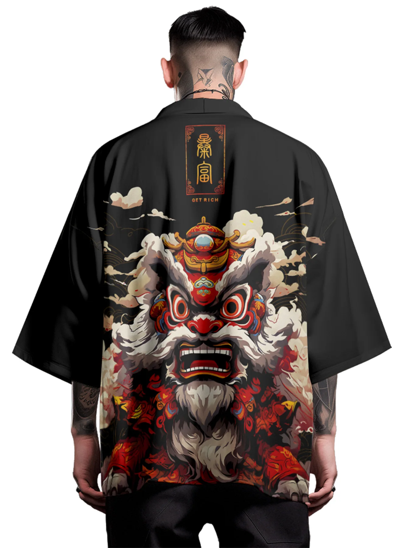 

Chinese Folk Custom style Lion Dance Men's Streetwear Half Sleeve Loose Casual Black Shirt Men Clothing for Daily in Summer